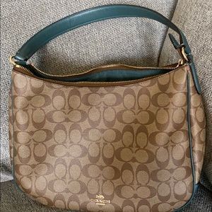 Coach zip shoulder bag. Signature tan with teal.